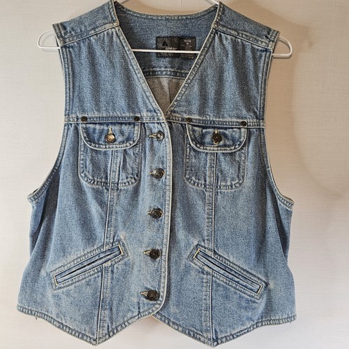 Vintage Lizwear blaue Jeansweste LARGE Denim Western V-Ausschnitt mittlere Waschung Knopfleiste