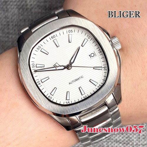 Bliger 40mm Square Sliver Case NH35A Automatic Men Watch See Through Back Cover - Picture 19 of 30