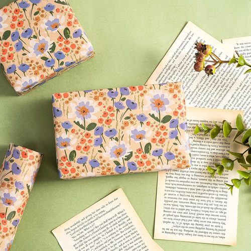 Kraft Floral Wrapping Paper Roll - Mini Roll - 17 Inch X 9.8 Feet - Watercolor F - Picture 7 of 7