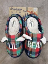 Dearfoams Slippers Plaid Memory Foam Sherpa Fleece Lined Women 5-6 Lil Bear