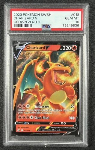 CHARIZARD V PSA 10 2023 POKEMON SWORD & SHIELD CROWN ZENITH #018/159 GEM 9836