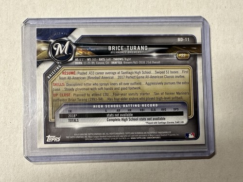 Brice Turang RC 2018 Bowman Draft #BD11 Brewers 1st Bowman - Picture 2 of 2