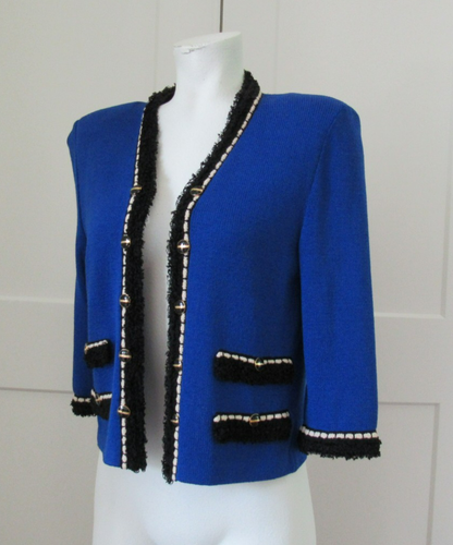 St. John Marie Gray Blue Santana Knit Open Front Logo Buttons Jacket sz 4 - Picture 5 of 11