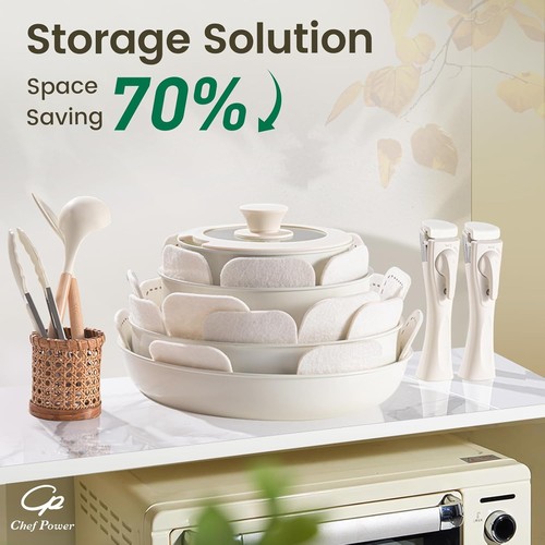 Ceramic Nonstick Pots and Pans Set 19 19 Pcs Set, Granite Grey & Cream White  - Picture 3 of 7