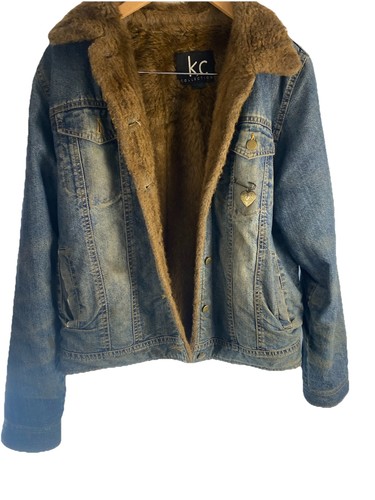 KC Collections L Jean Jacket Faux Fur Blue Denim Lined Womens 4 Pockets Distress - Picture 3 of 10