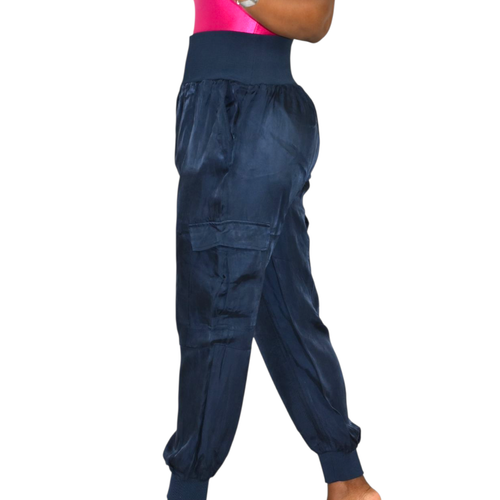 Cinq a Sept Giles Satin Joggers Medium Blue Cargo Pant High Rise Pull On Pockets - Picture 3 of 14