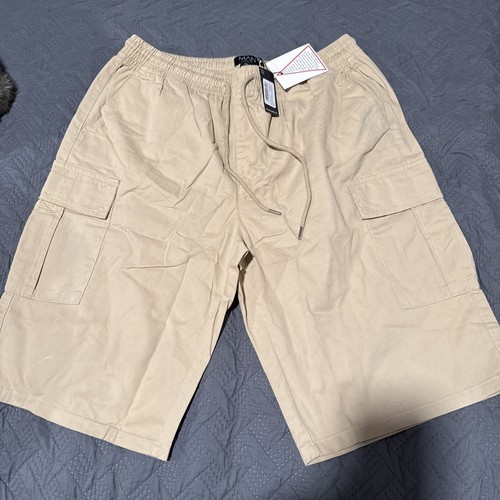 BoohooMAN Plus Size Elastic Waist Relaxed Long Length Cargo Shorts Stone 2XL NWT
