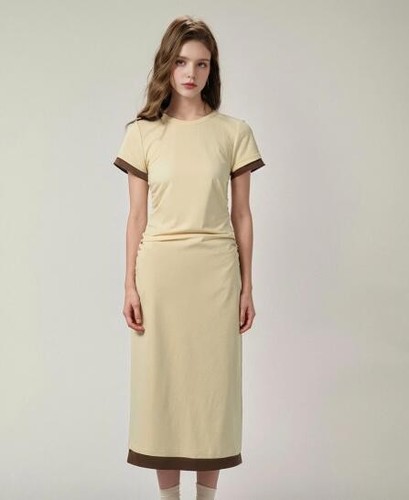 Fashion Women's Round Collar Pleated Design Short Sleeve Slim Fit Long Dress - Picture 8 of 9