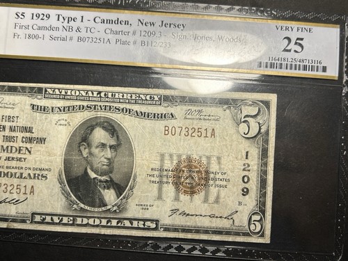 1929 $5 Type 1 National Currency Note, Camden New Jersey — PCGS VF25 Pop 1 🏆 - Picture 4 of 6