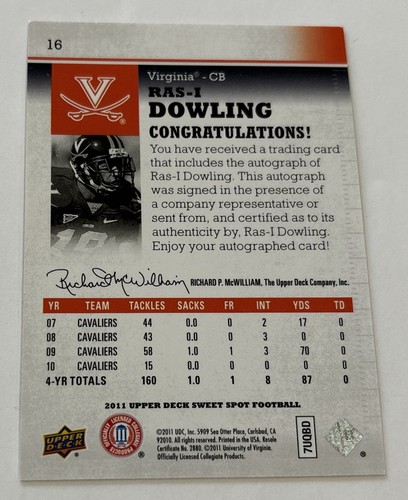 2011 UD Sweet Spot Ras-I Dowling #16 Auto Virginia Cavalers Patriots Raiders - Picture 4 of 4
