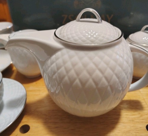 "Zsolnay " Hungary Tea Set 15 Pcs White Cream/Silver, Babbos, 1960s . In Box - Picture 3 of 9