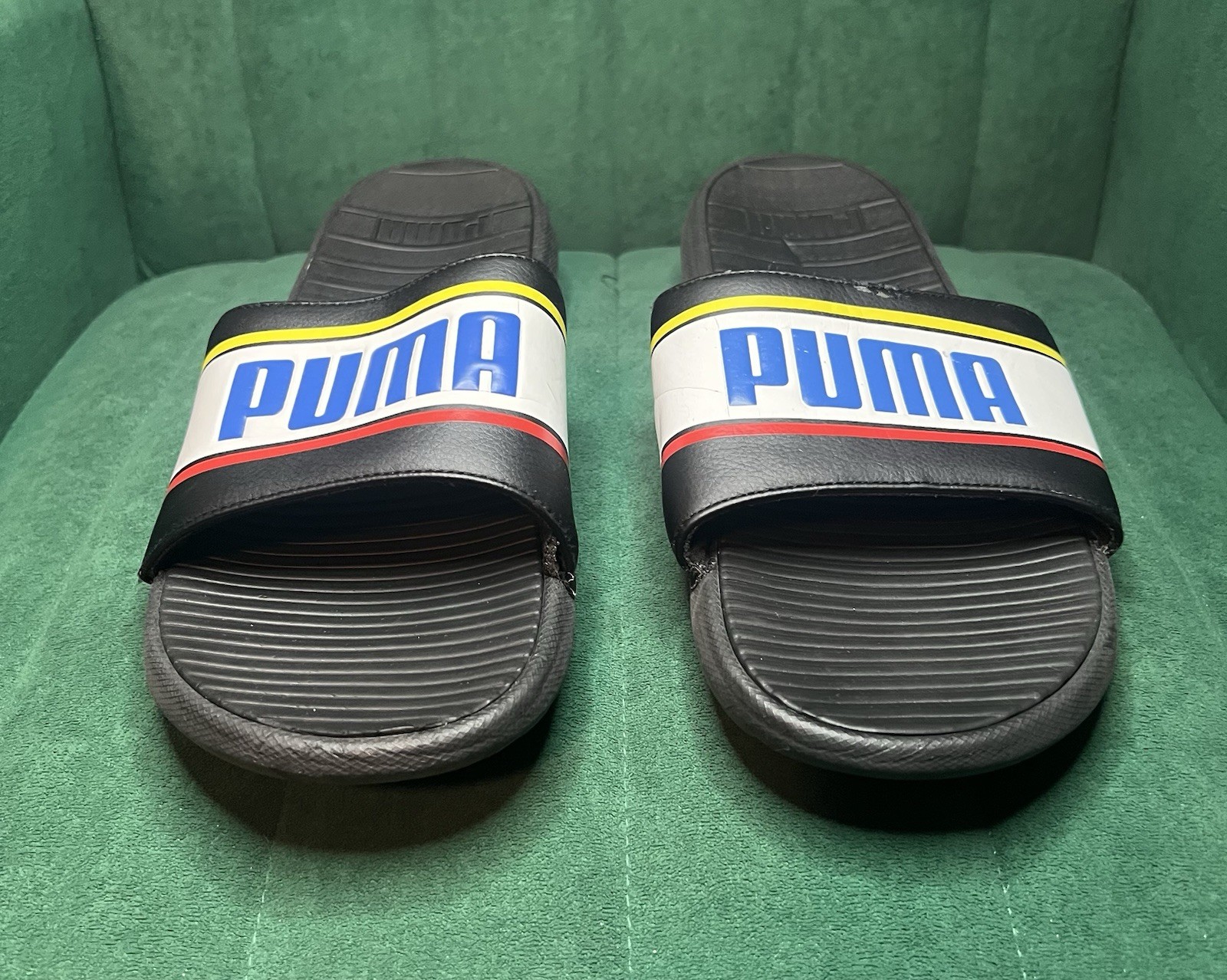 PUMA Leadcat Slide Sandals Black White Blue Red Men’s Size 12 Comfort Slides