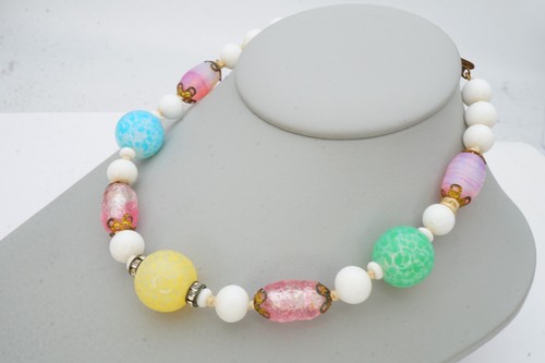 Vintage Halskette Silberfarben Pastell Glasperlen Lampwork 15" - Bild 4 von 9