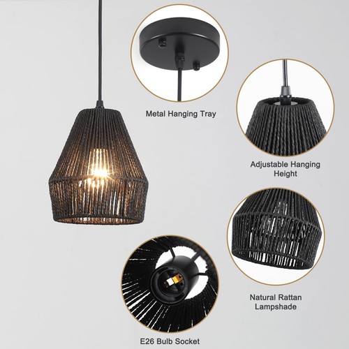 2 Pack 7'' Black Wicker Pendant Light, Boho Hanging Lamps with Hand Woven Rat... - Bild 2 von 8