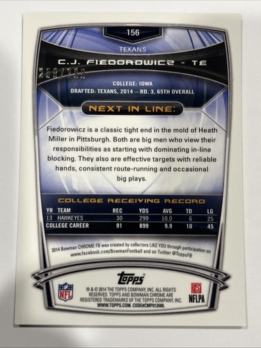 2014 Bowman Chrome C.J. Fiedorowicz Black Rookie Refractor /299 - Picture 3 of 3