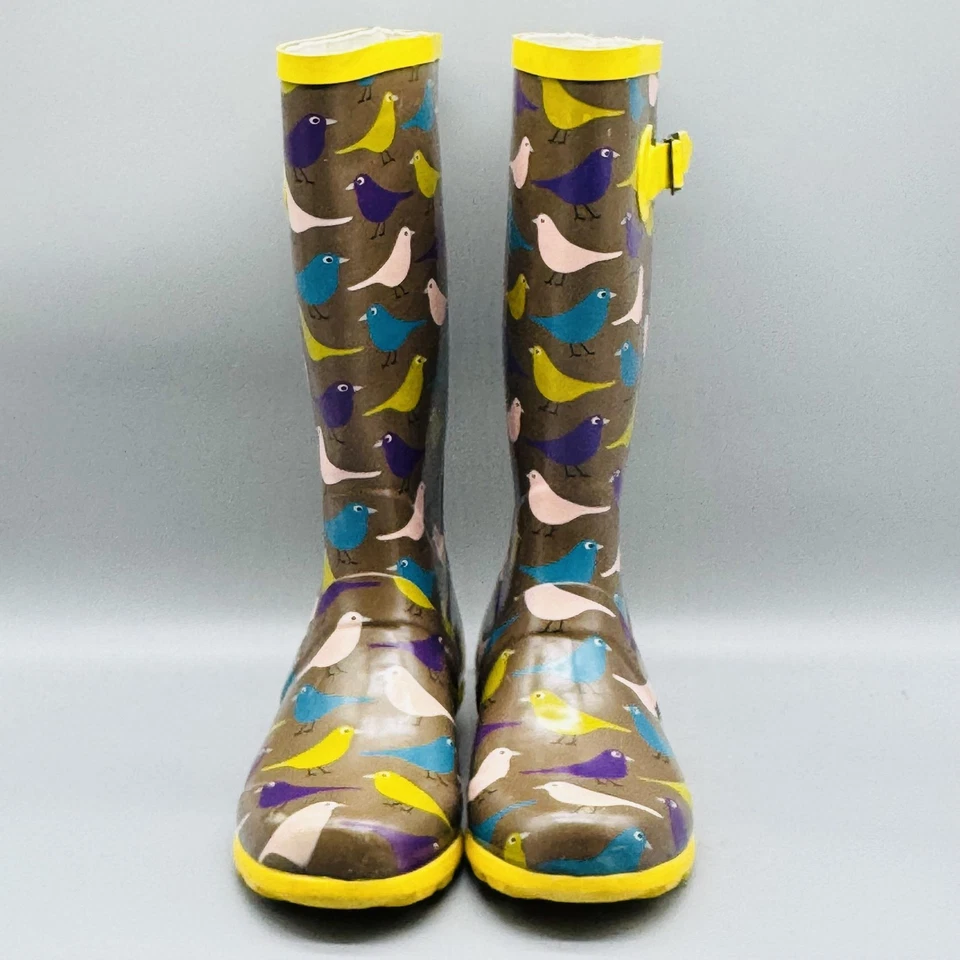 Mini Boden Botas Jóvenes Niñas 3 Amarillo Marrón Lluvia Estampado Pájaro Goma Alto Foto 3 de 4