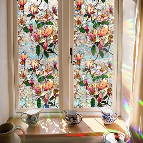 Fensterfolie, Deko Magnolie Blumen Buntglas statisch Fensterklammern S... - Bild 4 von 6