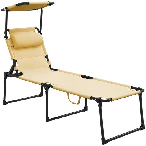 Adjustable Folding Chaise Lounge with Sun Roof for Outdoor, Cream - Picture 1 of 11