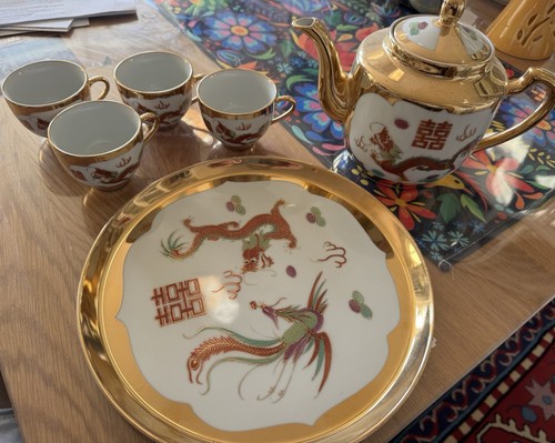 Vintage chinesisch Drachen/Phoenix Tee Set handgemalt Gold 4 Tassen Teller Kanne - Bild 5 von 14