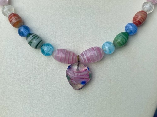 Vintage Multicolor Beaded Necklace Art Glass Swirl 18" 925 Clasp Heart Pendant - Picture 3 of 7