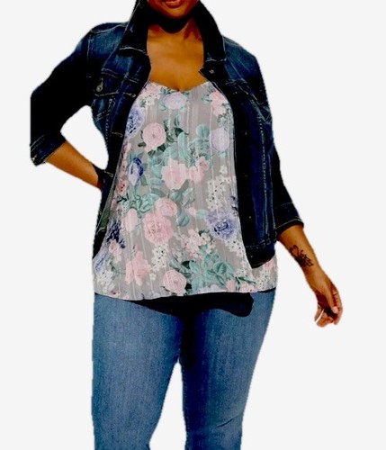 Torrid Top 1 Sophie Silky Chiffon Layered V-Neck Swing Cami Gray Floral Shirt 1X - Picture 3 of 9