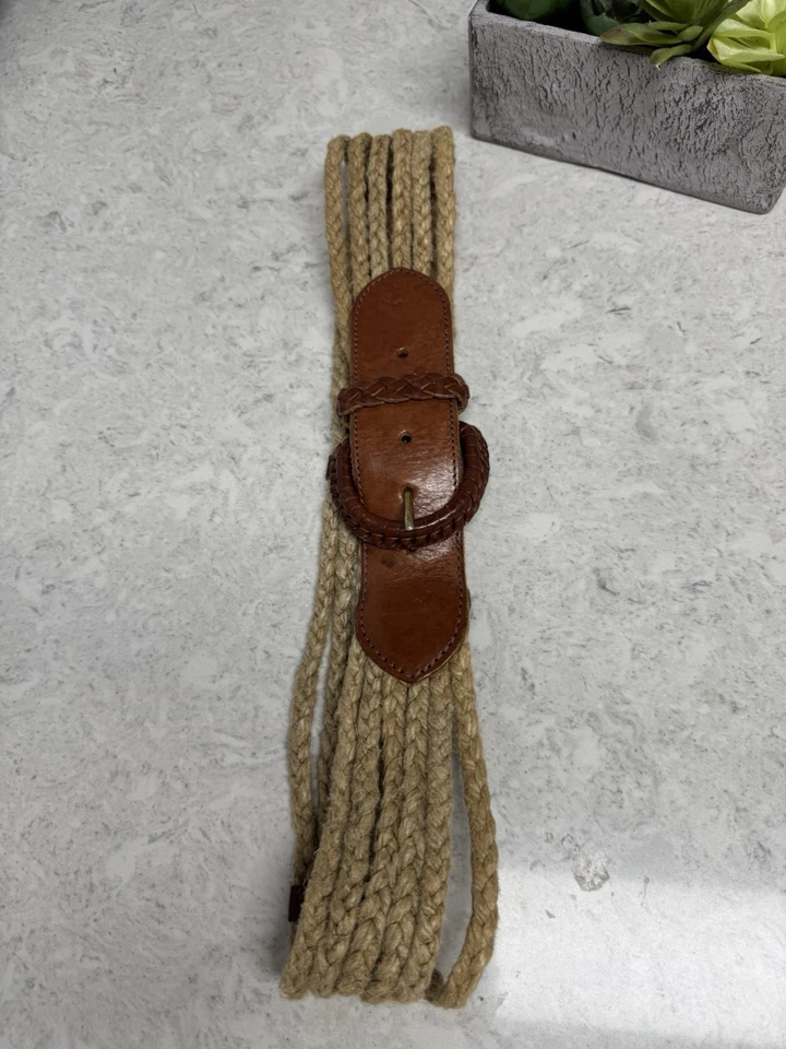 Women  RALPH LAUREN BRAIDED light brown ROPE LEATHER TRIM DECO BELT  30-32” - Image 3 of 4