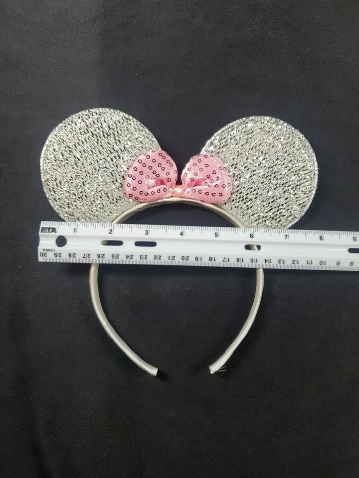 Sparkly Silver Minnie Mouse Ears Alice Band Hair Headband Pink Sequin Bow - Image 3 of 4