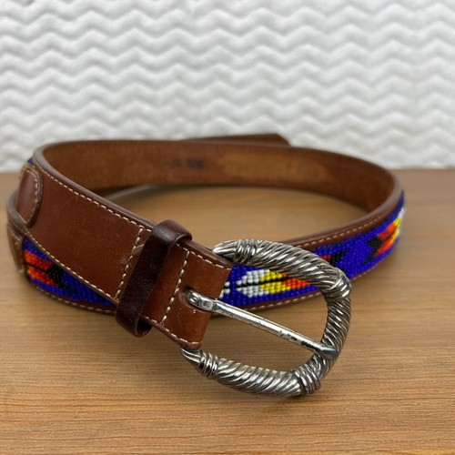 Vtg 1994 Leather Belt Southwestern Native American Beaded Indian Brown Sz 34 - Picture 2 of 12