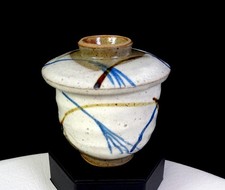 Japanese Art Pottery Wheel Thrown Slip Glaze Abstract 3.5" Yunomi Tea Mug Lid
