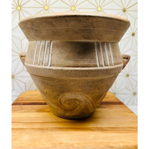 Handcrafted Rustic Pottery Vase with Geometric and Swirl Design - 7" x 7.5" - Picture 2 of 7