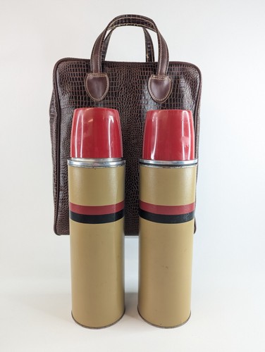 Vintage Thermos Picnic Set w/ Leather Carry Bag, 2 Thermoses, Sandwich Box, Cups - Picture 3 of 12