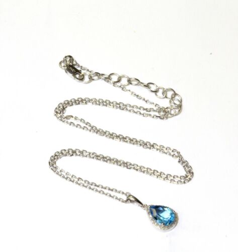 Collana con ciondolo aureola topazio blu pera diamante I1 H argento sterling 925 .12ct I1 H - Foto 3 di 6