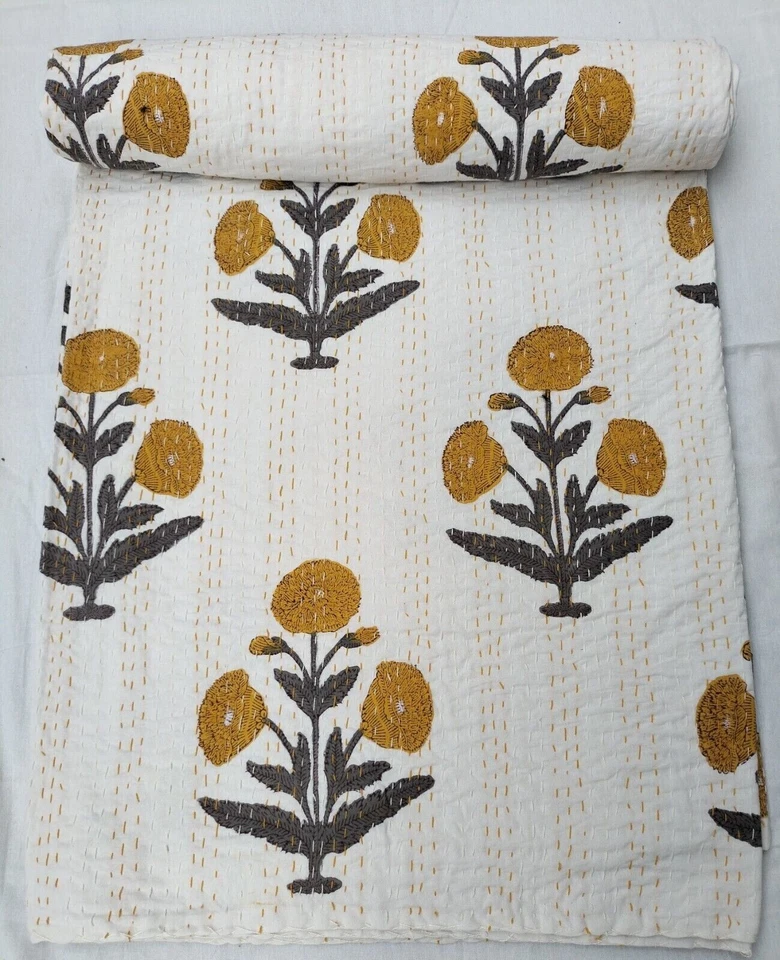 Colcha de algodão indiana feita à mão Kantha estampa bloco de mão cobertor de colcha tamanho King - Imagem 4 de 4