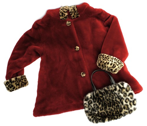Girls Set Deep Red Plush Jacket Hooded Leopard Faux Fur and Leopard Purse