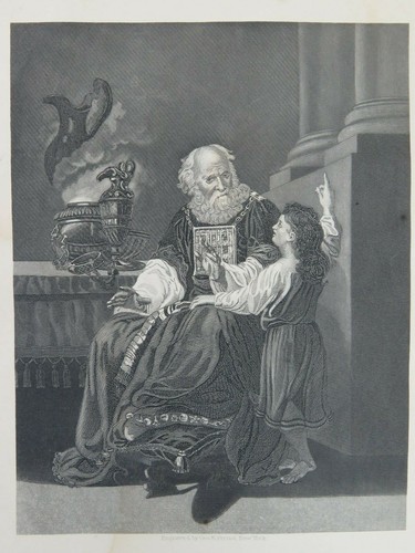 Orig. 1873 Antica Stampa Incisione Bibbia Cristiana 9x12: Samuele e Sommo Sacerdote - Foto 1 di 5