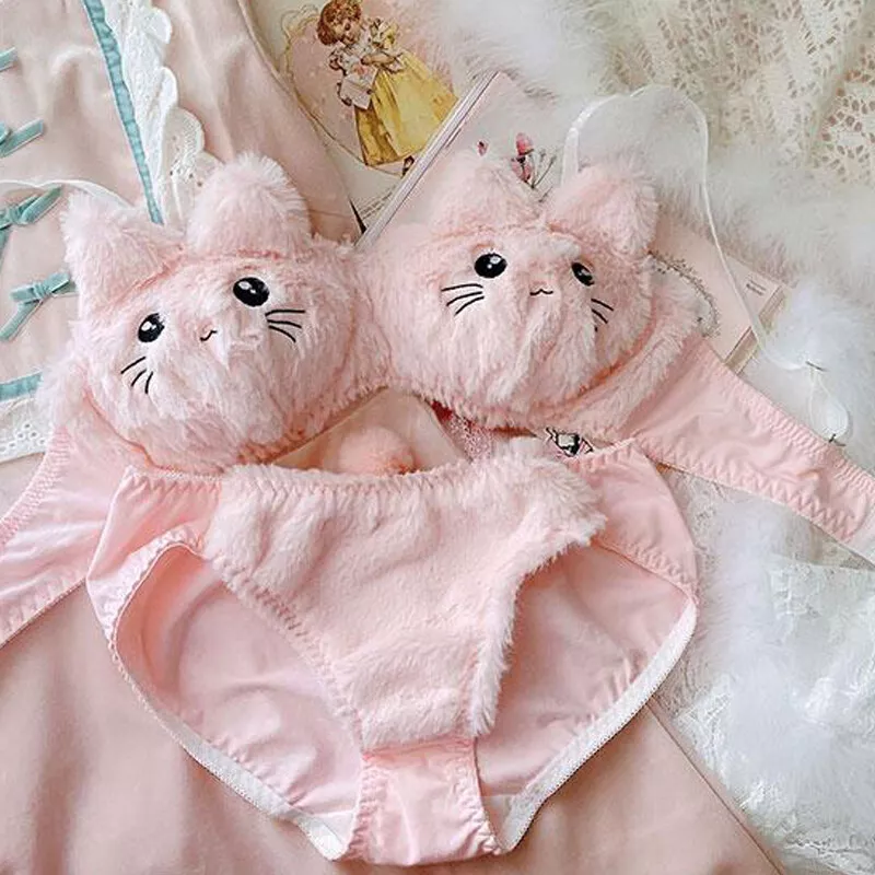 Japanese Girls Kawaii Kitty Furry Plush Bra Set Cat Underwear Lingerie UK  Feng8