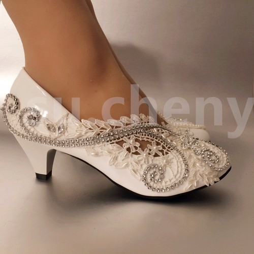 su.cheny 2” White ivory pearls lace crystal Wedding shoes Bridal women size 5-12 - Picture 4 of 17