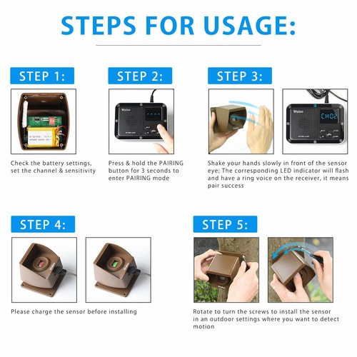 Wuloo 1800ft Long Range Driveway Alarms Wireless Rechargeable PIR Motion Sensors - Picture 19 of 74