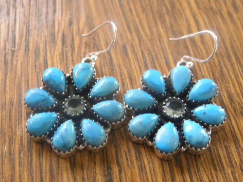 TURQUOISE, STERLING SILVER CLUSTER FLOWER DANGLE EARRINGS 1" - Picture 2 of 4
