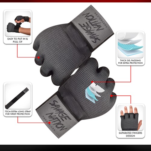 BeSavage Gel Padded Inner Gloves with Hand Wraps MMA Muay Thai Boxing Fight PAIR - Picture 1 of 5