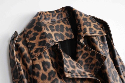 Mujer Damas Cuero Estampado Leopardo Diseñador Primavera Moda Trench Coat Chaqueta  - Imagen 9 de 14