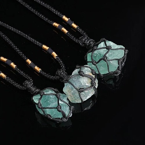 Collana Meditazione Guarigione Ciondolo Avvolto Naturale Verde Fluorite Irregolare - Foto 5 di 6