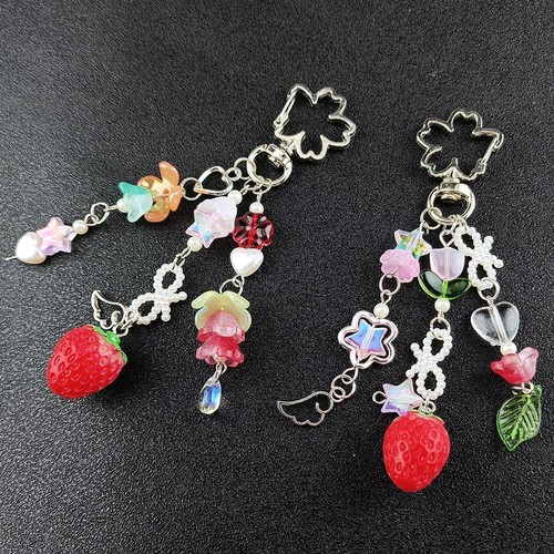 Cute Strawberry Bow Keychain Coquettish Fairytale Lily of the Valley Handba M2X9 - Picture 9 of 18