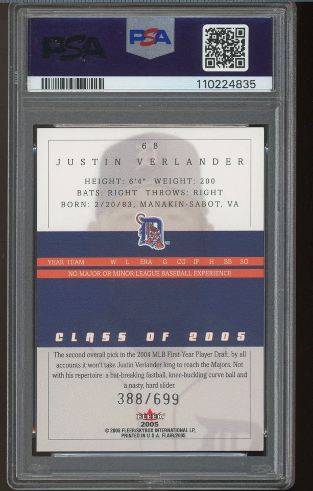 Flair #68 Justin Verlander 2005 novato PSA 9 como nuevo. Tigres de Detroit #/699 Foto 2 de 2