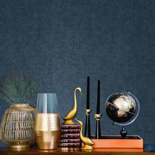 Modern navy blue faux woven sack fabric textured plain contemporary wallpaper - Picture 2 of 10