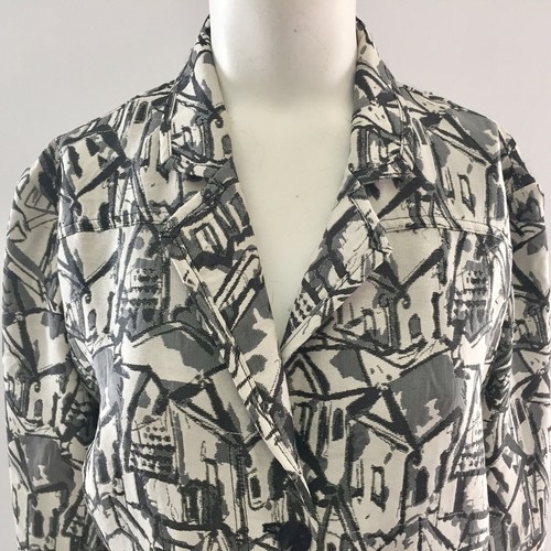 CHICO'S Size 1 Small JACKET Blazer SILK Blend ABSTRACT Pattern Black Gray - Picture 2 of 6
