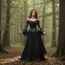 Black Gothic Wedding Dress Off Shoulder Long Sleeve Civil Boho Witch Bride Gown