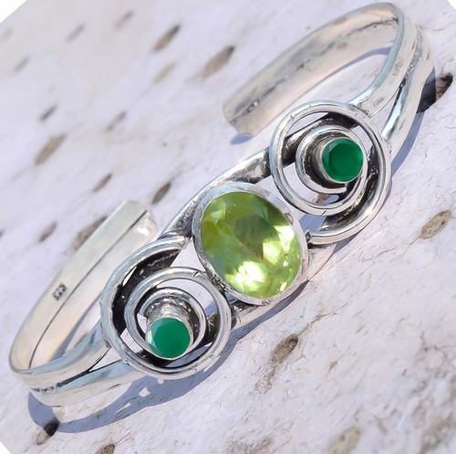 Peridot Cut, Green Onyx Bracelet 925 Sterling Silver Cuff Cherry Festival Bangle - Picture 2 of 8