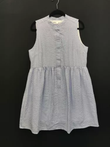 ADYSON PARKER Blue/White Seersucker Striped Sleeveless Dress w/Pockets Size L