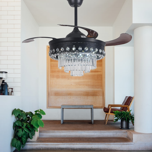 42" Retractable Ceiling Fan Light Crystal LED Chandelier Remote 3-Speeds 3-Color - Picture 13 of 17